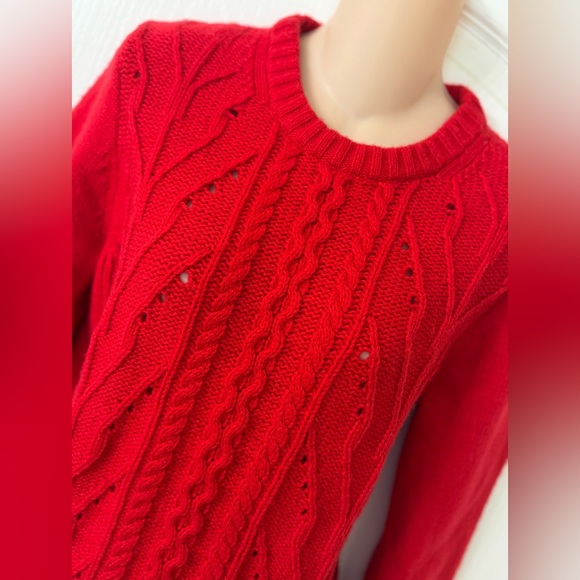 J. Crew Lambs Wool Blend Red Eyelet Aran Cable Knit Crew Neck Sweater, Sz M - Picture 4 of 13